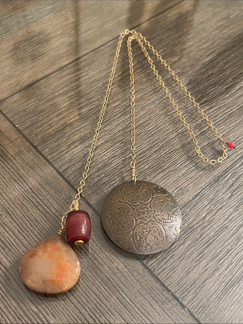Vintage Style Lariat Necklace with Stone, Wooden Bead & Bronze Colored Medallion